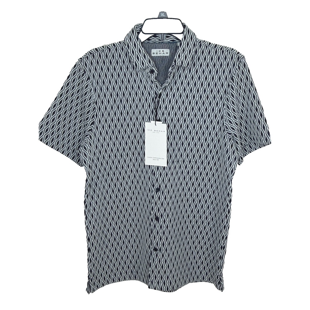 Ike Behar Men's Textured Short Sleeve Shirt Sz Small Polo Button Up Navy White S